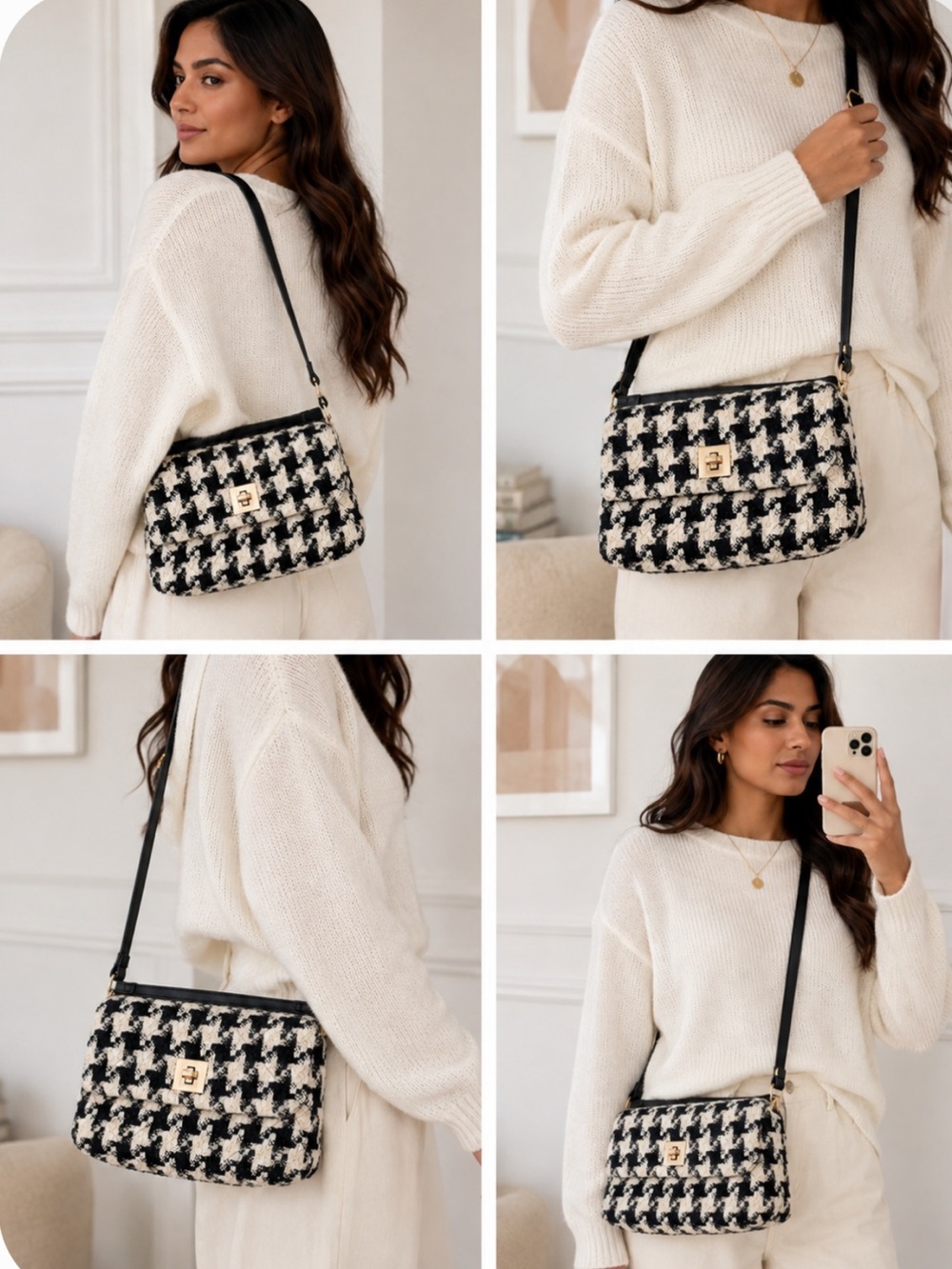 Black & White Houndstooth Crossbody Bag — Classic Women’s Shoulder Bag